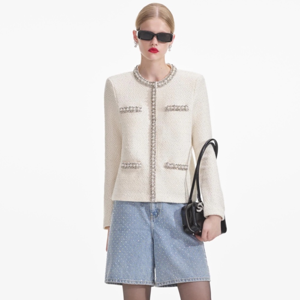 self-portrait Cream Textured Knit Embellished Cardigan Size S - MSRP $585 - NWT